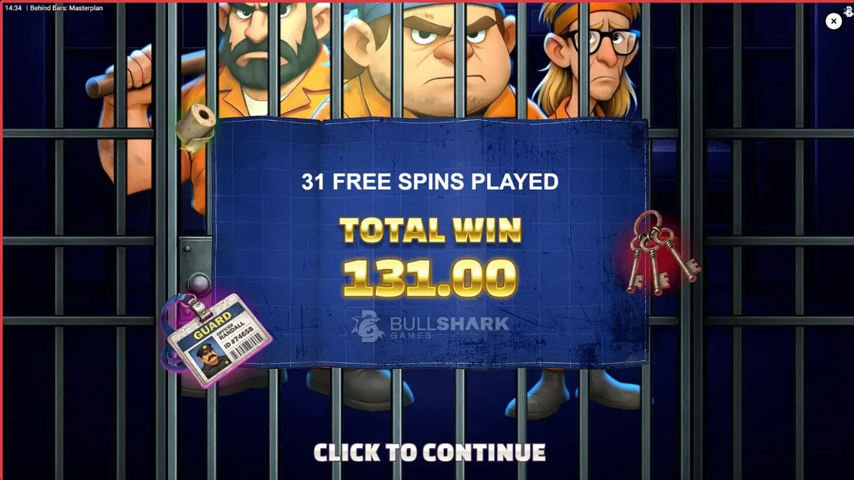 Tiga karakter kriminal dalam slot Behind Bars Masterplan dengan latar belakang penjara modern