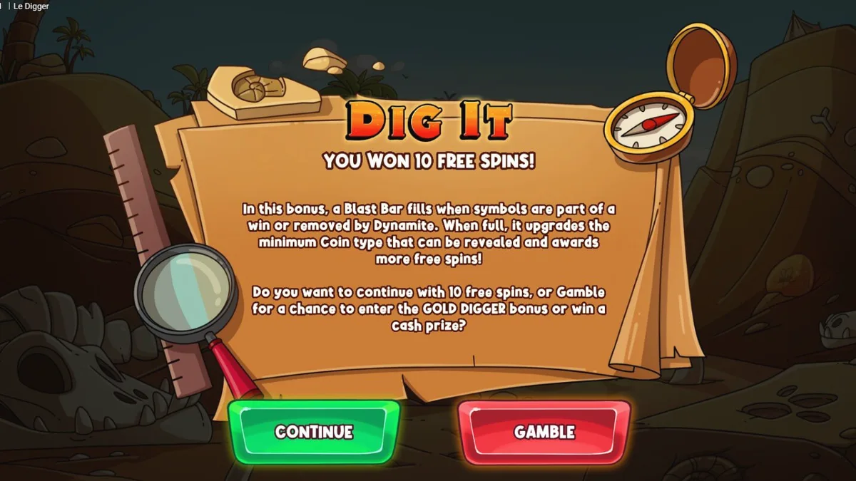 Smokey si rakun sedang menggali fosil di slot Le Digger