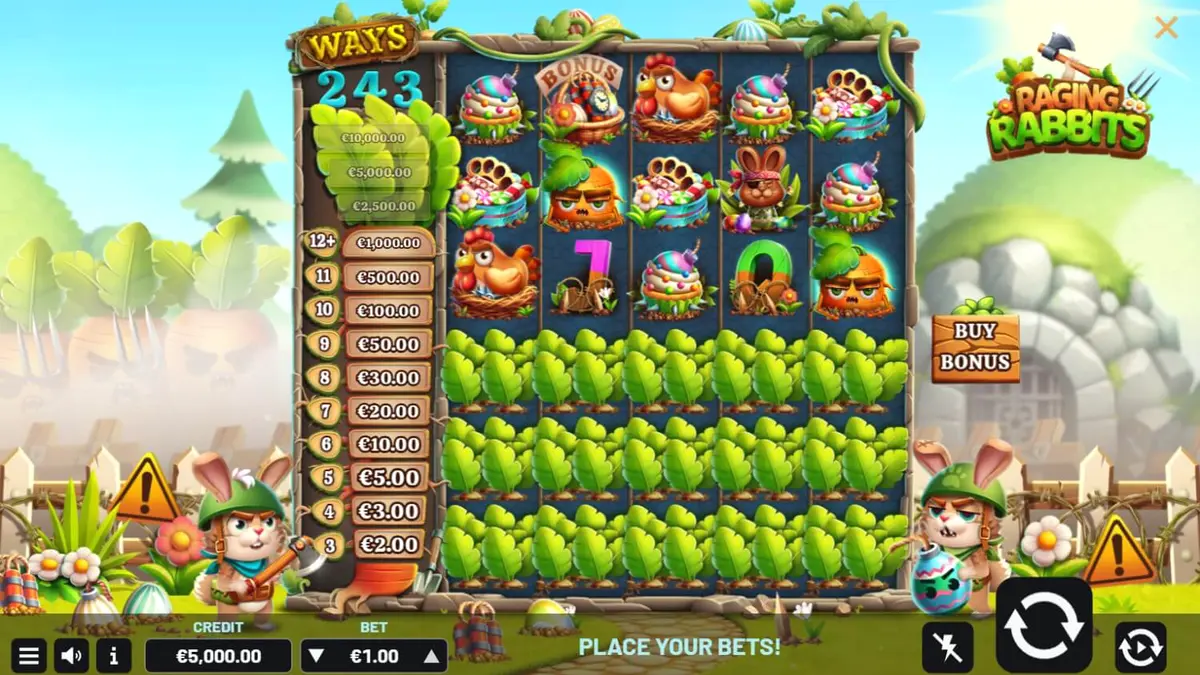 Tampilan visual slot Raging Rabbits dengan tema kelinci militer yang penuh aksi dan warna cerah.